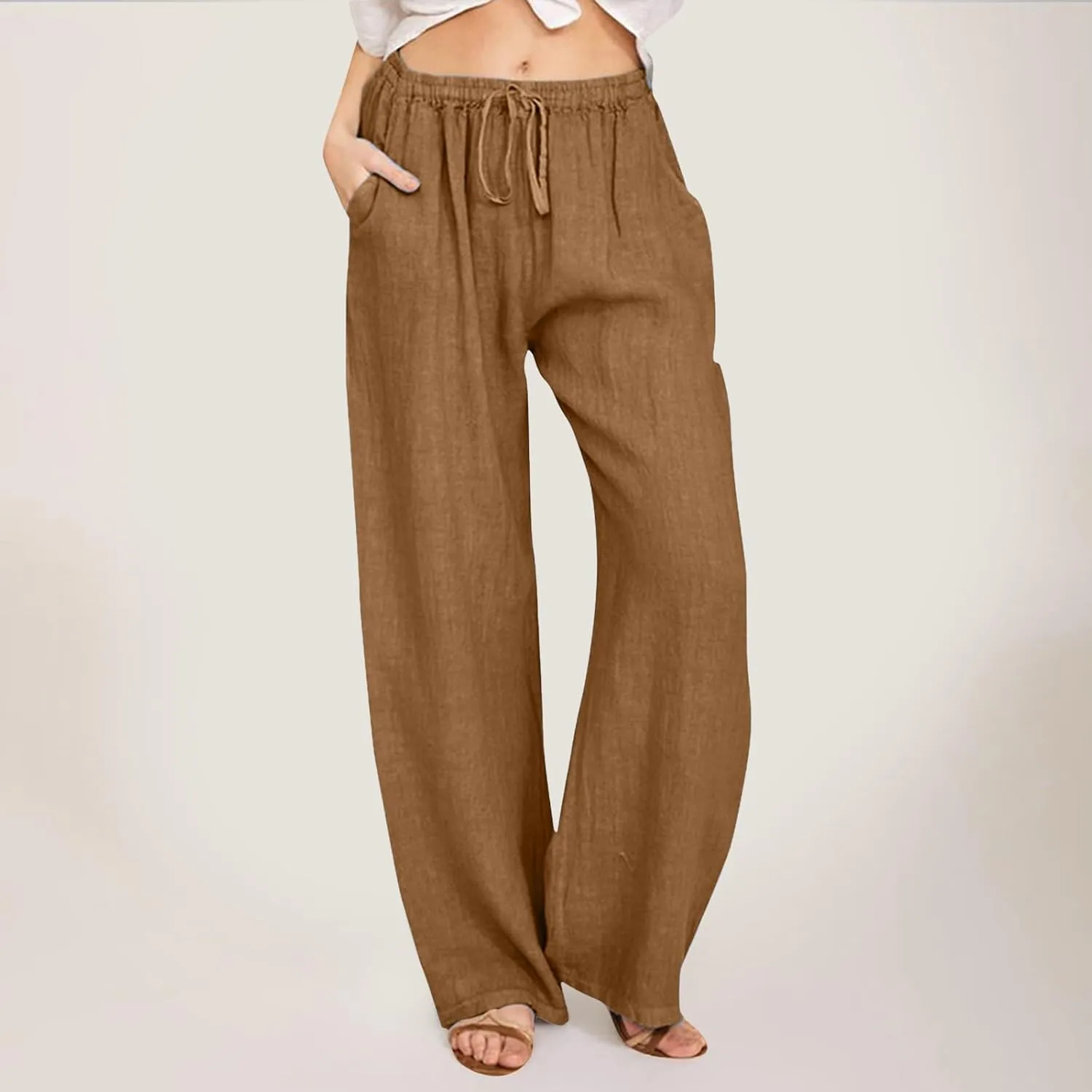 Linen Pants for Women High Waisted Pant Summer Lightweight Cotton Pants Beach Flowy Drawstring Trousers with Pocket