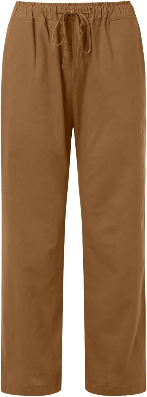 Linen Pants for Women High Waisted Pant Summer Lightweight Cotton Pants Beach Flowy Drawstring Trousers with Pocket