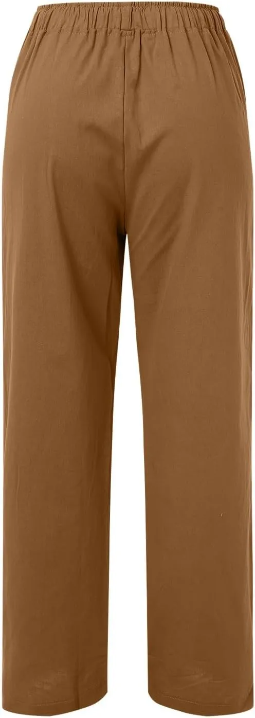 Linen Pants for Women High Waisted Pant Summer Lightweight Cotton Pants Beach Flowy Drawstring Trousers with Pocket