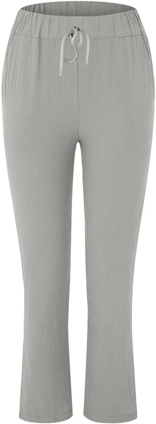 Linen Pants Women 2025 Straight Wide Leg Elastic Waisted Pants Casual Summer Lounge Beach Trousers with Pockets
