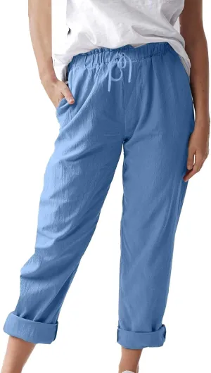 Linen Pants Women 2025 Straight Wide Leg Elastic Waisted Pants Casual Summer Lounge Beach Trousers with Pockets