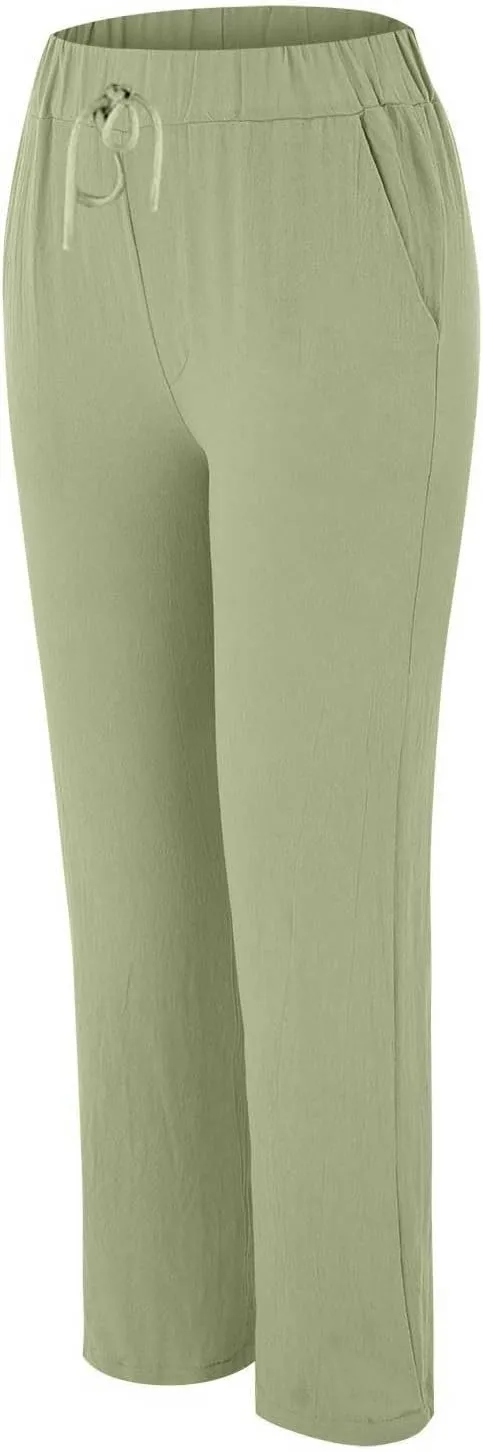 Linen Pants Women 2025 Straight Wide Leg Elastic Waisted Pants Casual Summer Lounge Beach Trousers with Pockets
