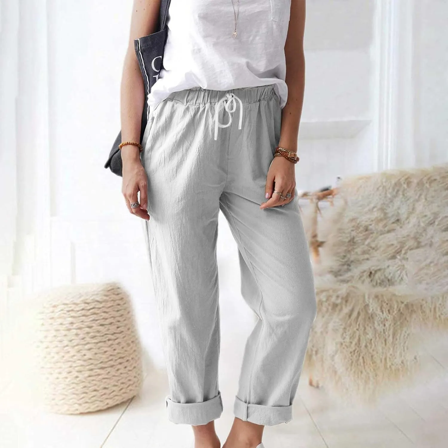 Linen Pants Women 2025 Straight Wide Leg Elastic Waisted Pants Casual Summer Lounge Beach Trousers with Pockets