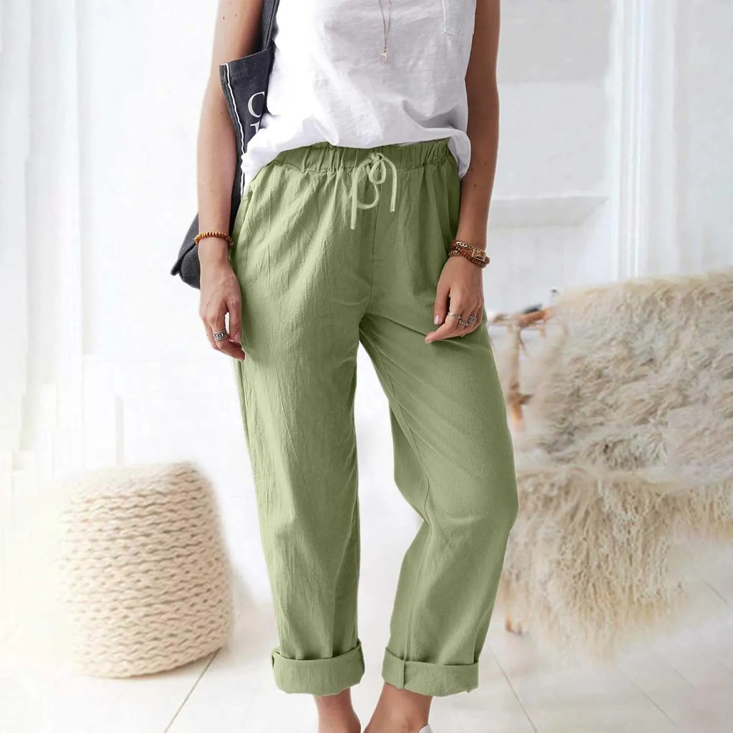 Linen Pants Women 2025 Straight Wide Leg Elastic Waisted Pants Casual Summer Lounge Beach Trousers with Pockets