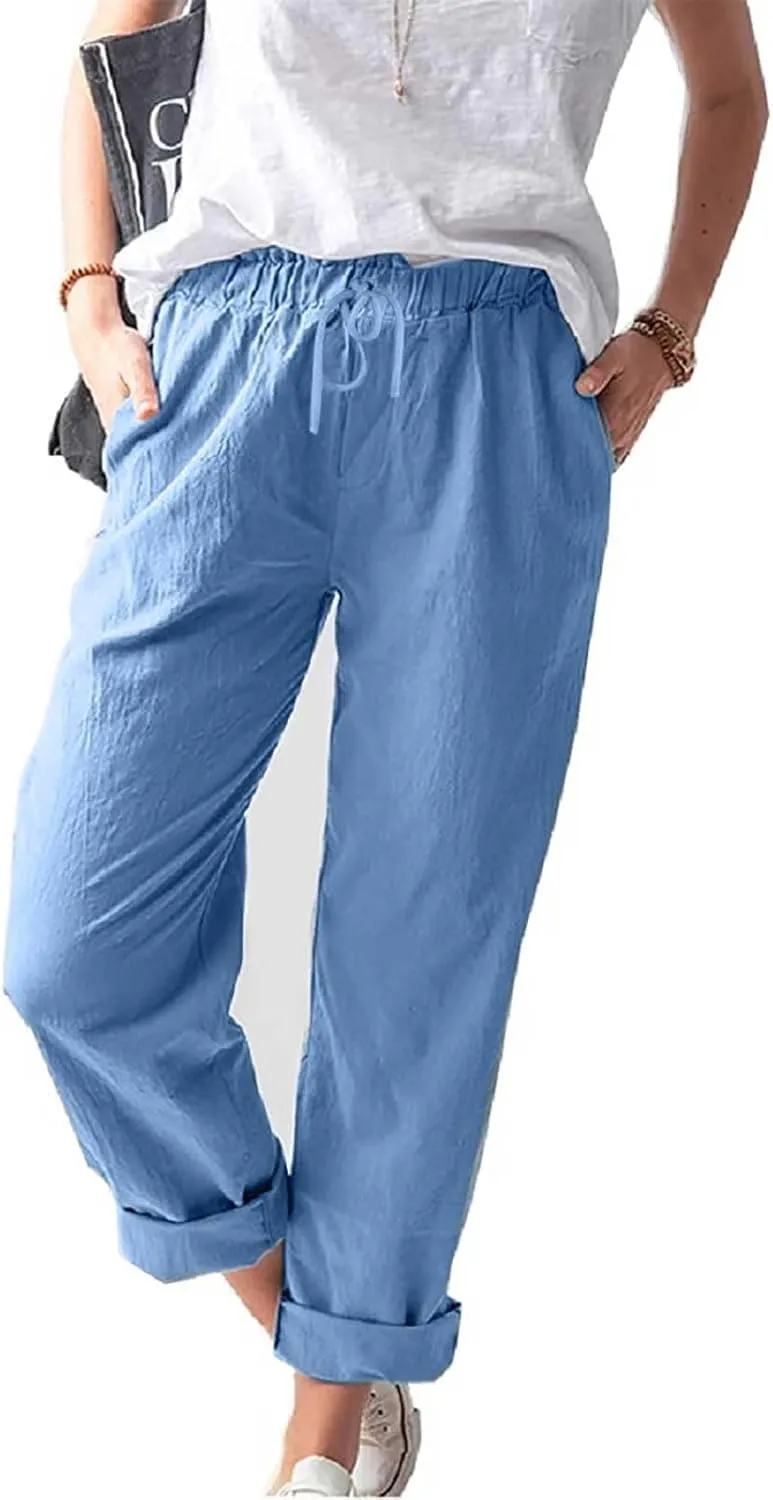 Linen Pants Women 2025 Straight Wide Leg Elastic Waisted Pants Casual Summer Lounge Beach Trousers with Pockets