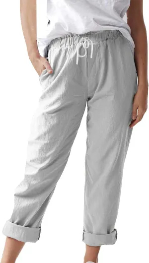 Linen Pants Women 2025 Straight Wide Leg Elastic Waisted Pants Casual Summer Lounge Beach Trousers with Pockets