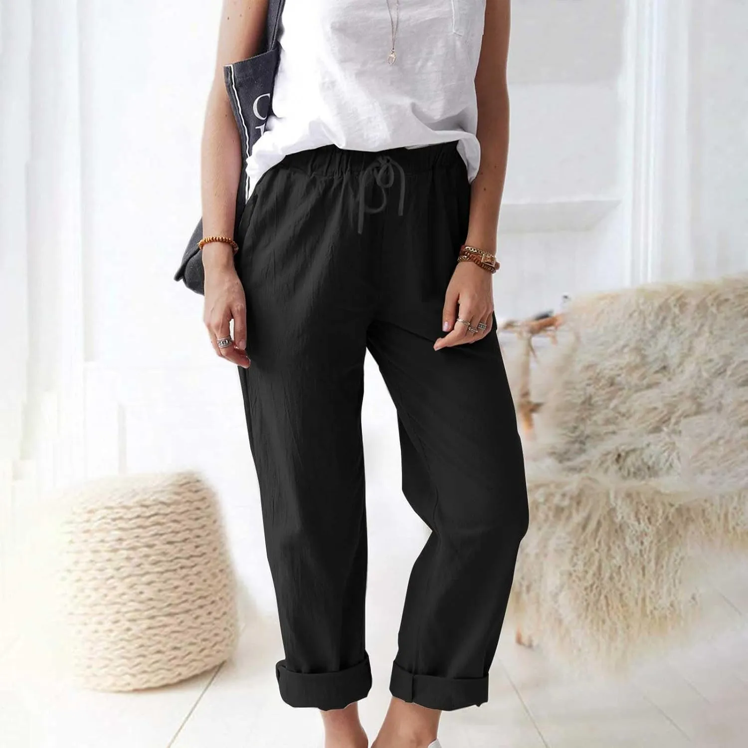 Linen Pants Women 2025 Straight Wide Leg Elastic Waisted Pants Casual Summer Lounge Beach Trousers with Pockets