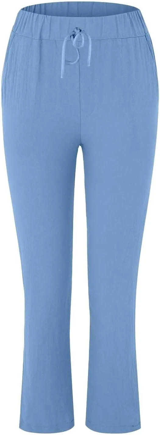 Linen Pants Women 2025 Straight Wide Leg Elastic Waisted Pants Casual Summer Lounge Beach Trousers with Pockets