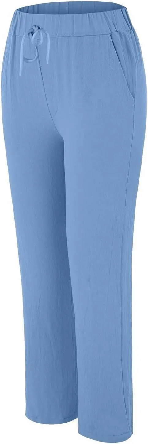 Linen Pants Women 2025 Straight Wide Leg Elastic Waisted Pants Casual Summer Lounge Beach Trousers with Pockets