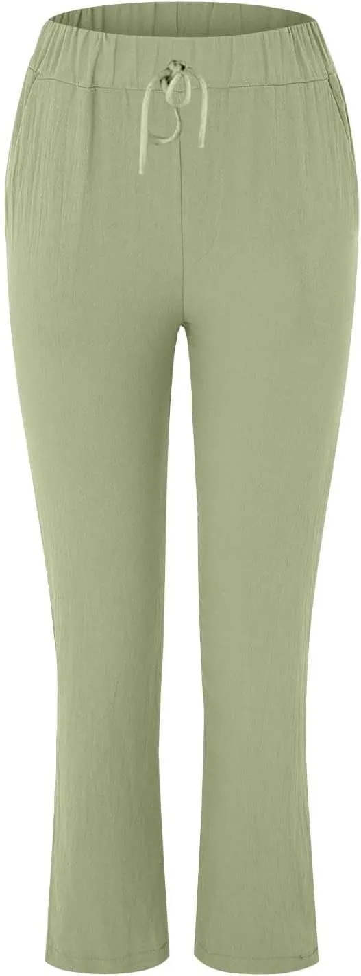 Linen Pants Women 2025 Straight Wide Leg Elastic Waisted Pants Casual Summer Lounge Beach Trousers with Pockets