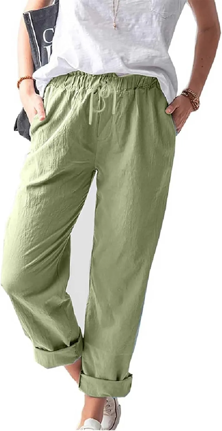 Linen Pants Women 2025 Straight Wide Leg Elastic Waisted Pants Casual Summer Lounge Beach Trousers with Pockets