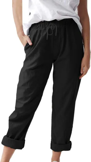 Linen Pants Women 2025 Straight Wide Leg Elastic Waisted Pants Casual Summer Lounge Beach Trousers with Pockets