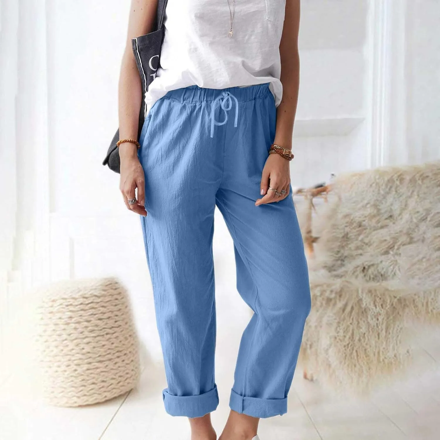 Linen Pants Women 2025 Straight Wide Leg Elastic Waisted Pants Casual Summer Lounge Beach Trousers with Pockets