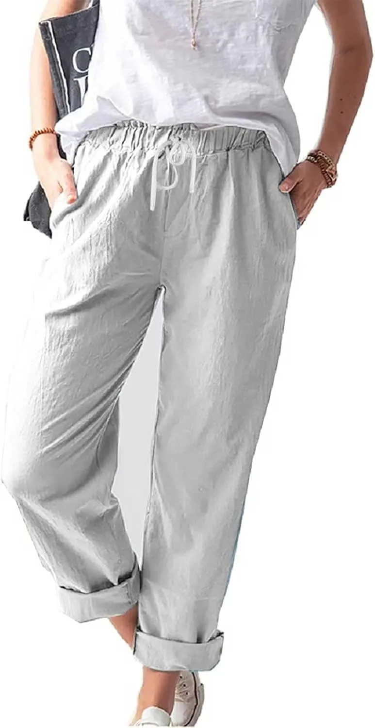 Linen Pants Women 2025 Straight Wide Leg Elastic Waisted Pants Casual Summer Lounge Beach Trousers with Pockets