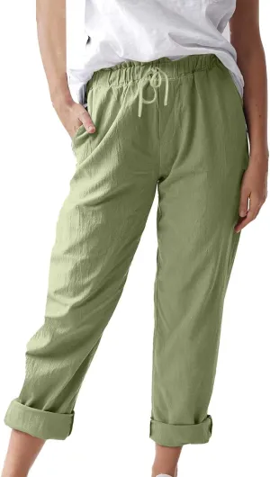 Linen Pants Women 2025 Straight Wide Leg Elastic Waisted Pants Casual Summer Lounge Beach Trousers with Pockets
