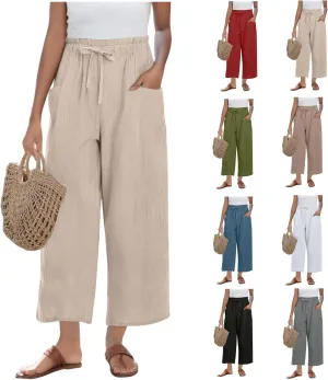 Linen Pants Women Casual Summer Wide Leg Flowy Capri Pant Plus Size Baggy High Waist Palazzo Beach Lounge Trousers