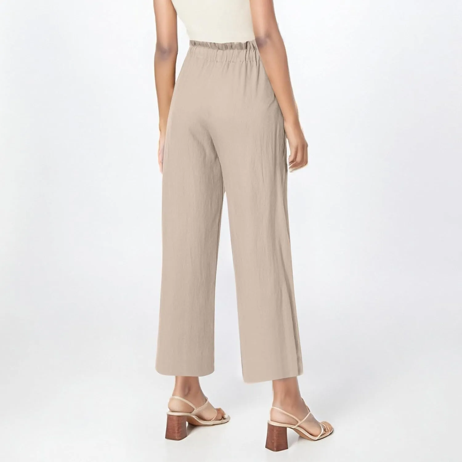 Linen Pants Women Casual Summer Wide Leg Flowy Capri Pant Plus Size Baggy High Waist Palazzo Beach Lounge Trousers