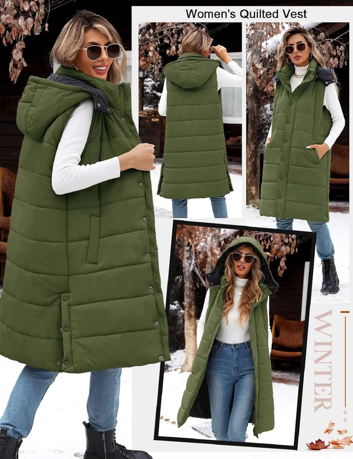 Long Puffer Vest Women With Hood Sleeveless Down Vest Warm Jacket Winter Coat With Pockets