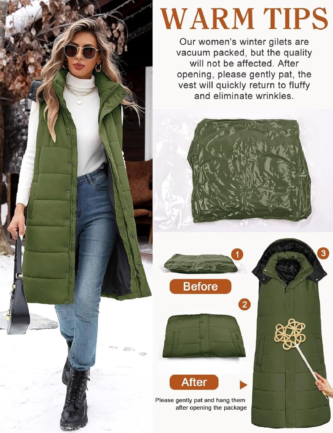 Long Puffer Vest Women With Hood Sleeveless Down Vest Warm Jacket Winter Coat With Pockets