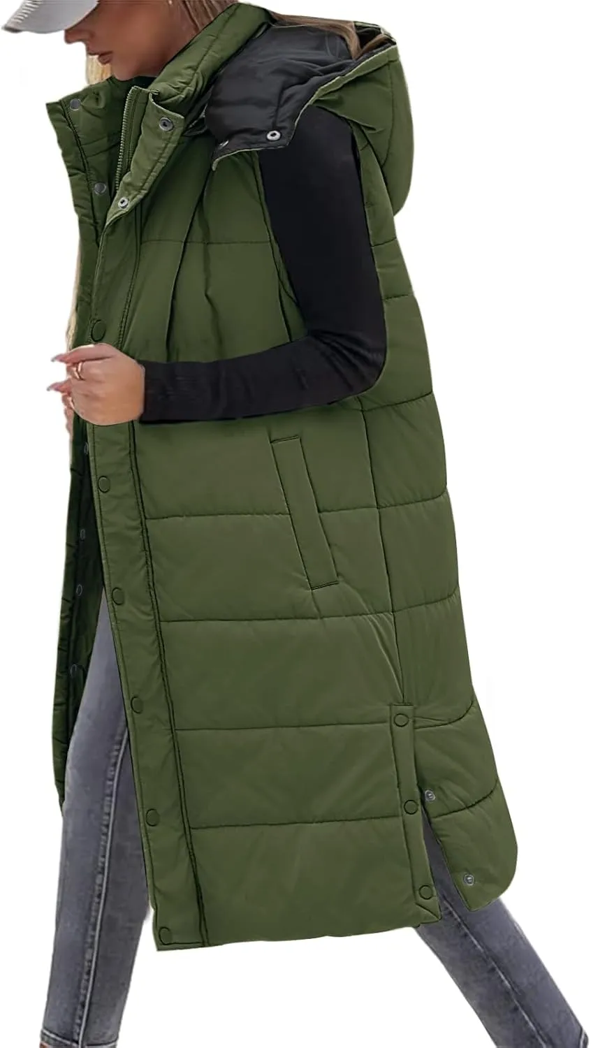 Long Puffer Vest Women With Hood Sleeveless Down Vest Warm Jacket Winter Coat With Pockets