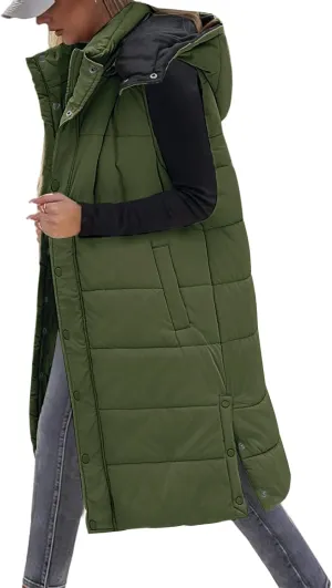 Long Puffer Vest Women With Hood Sleeveless Down Vest Warm Jacket Winter Coat With Pockets
