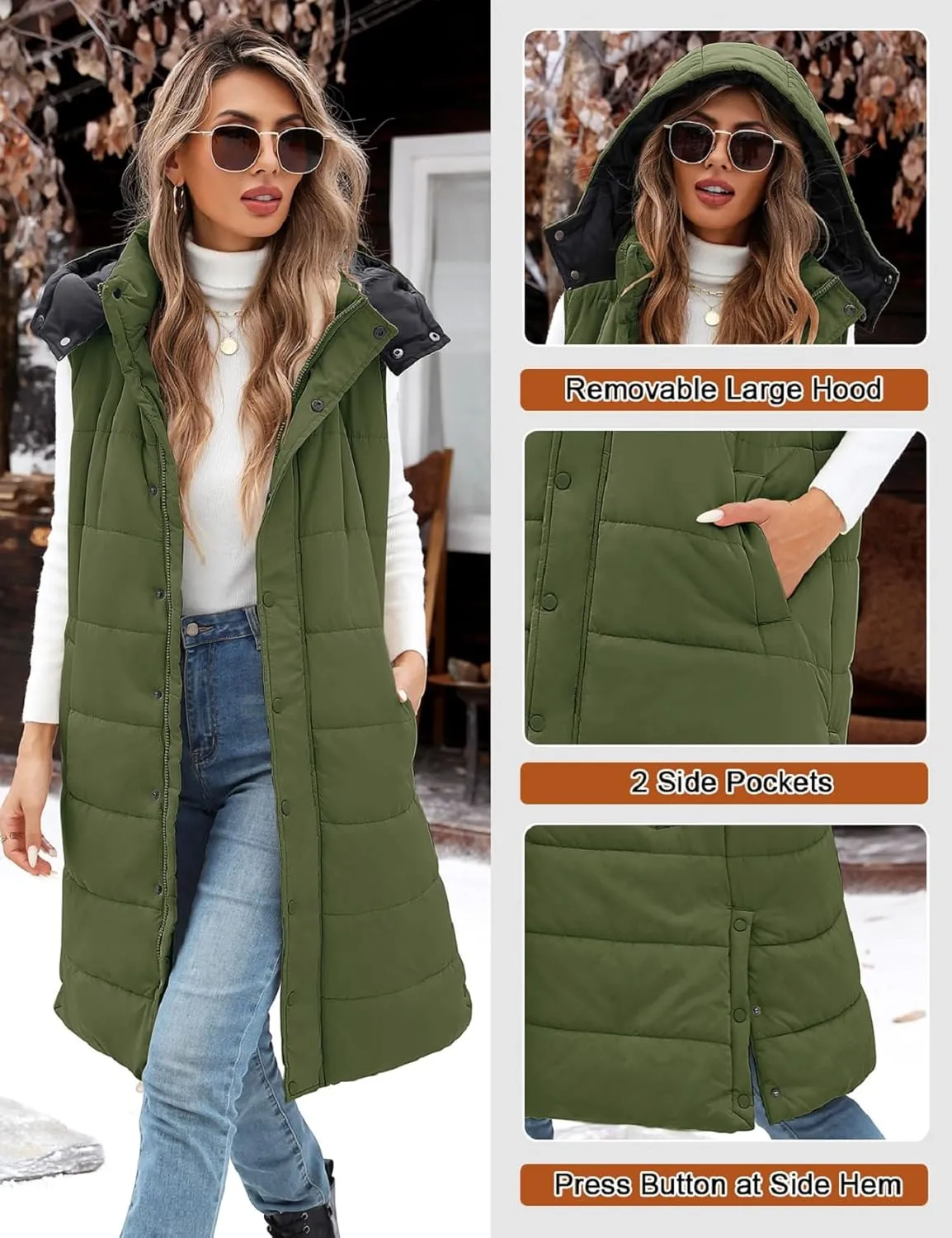 Long Puffer Vest Women With Hood Sleeveless Down Vest Warm Jacket Winter Coat With Pockets