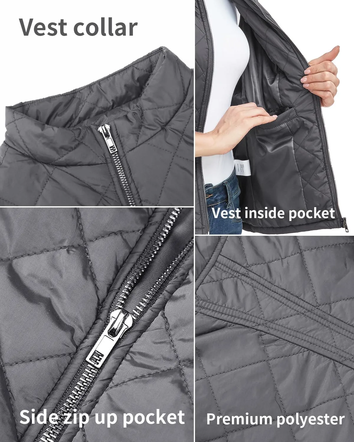 LONGKING 2025 Upgraded, Women's Outwear Vest With One Inner Pocket - Stand Collar Lightweight Zip Quilted Vest for Women