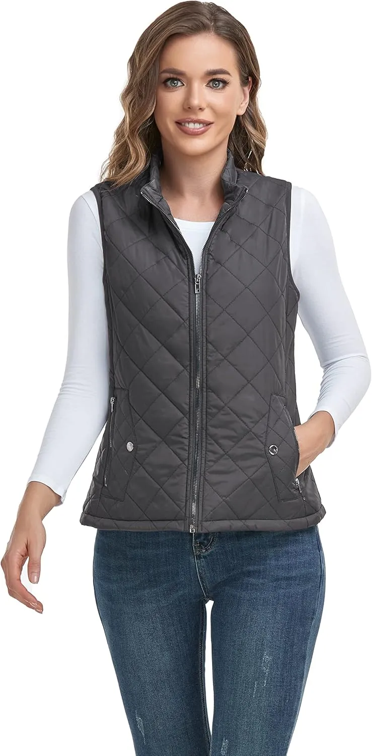 LONGKING 2025 Upgraded, Women's Outwear Vest With One Inner Pocket - Stand Collar Lightweight Zip Quilted Vest for Women