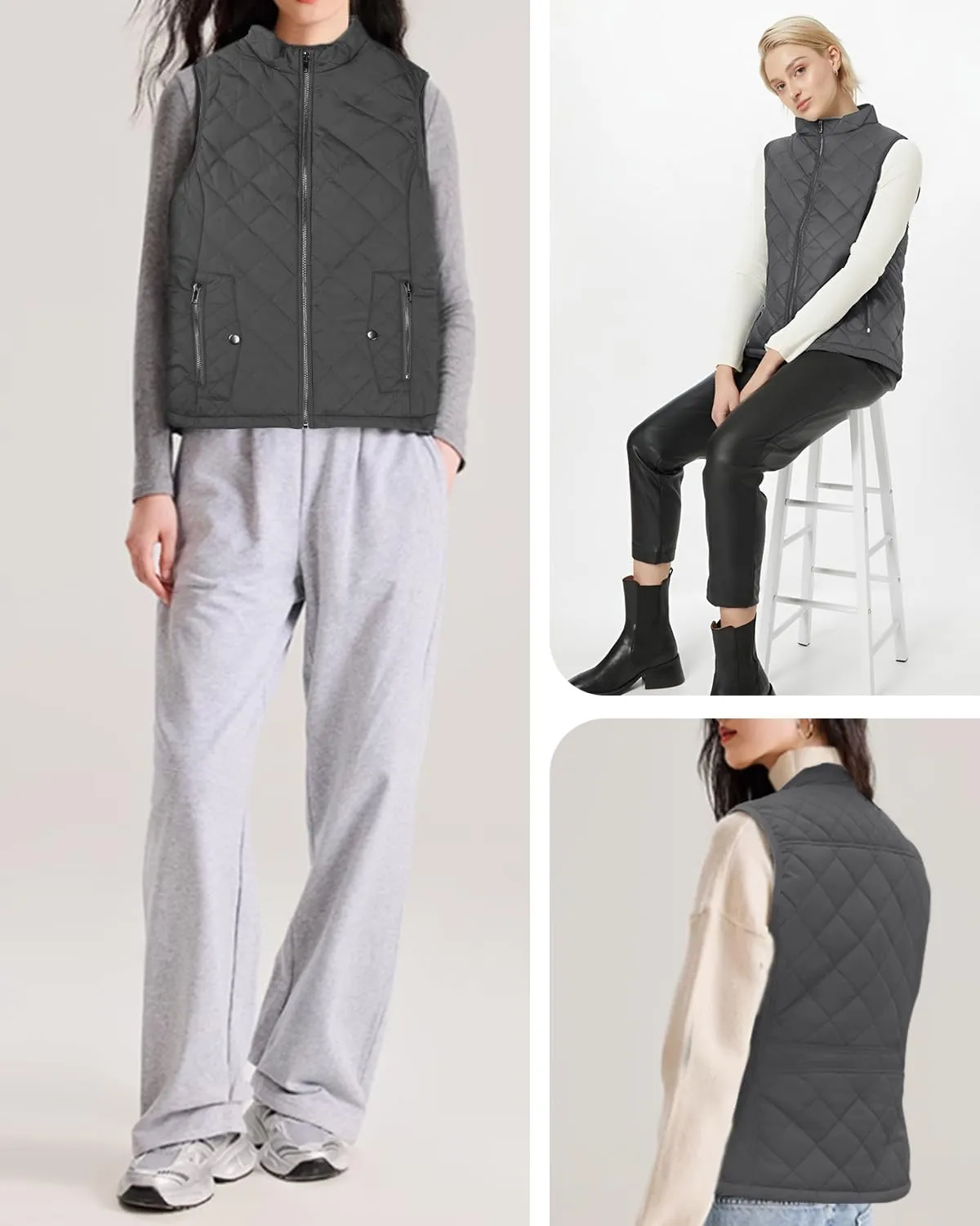 LONGKING 2025 Upgraded, Women's Outwear Vest With One Inner Pocket - Stand Collar Lightweight Zip Quilted Vest for Women