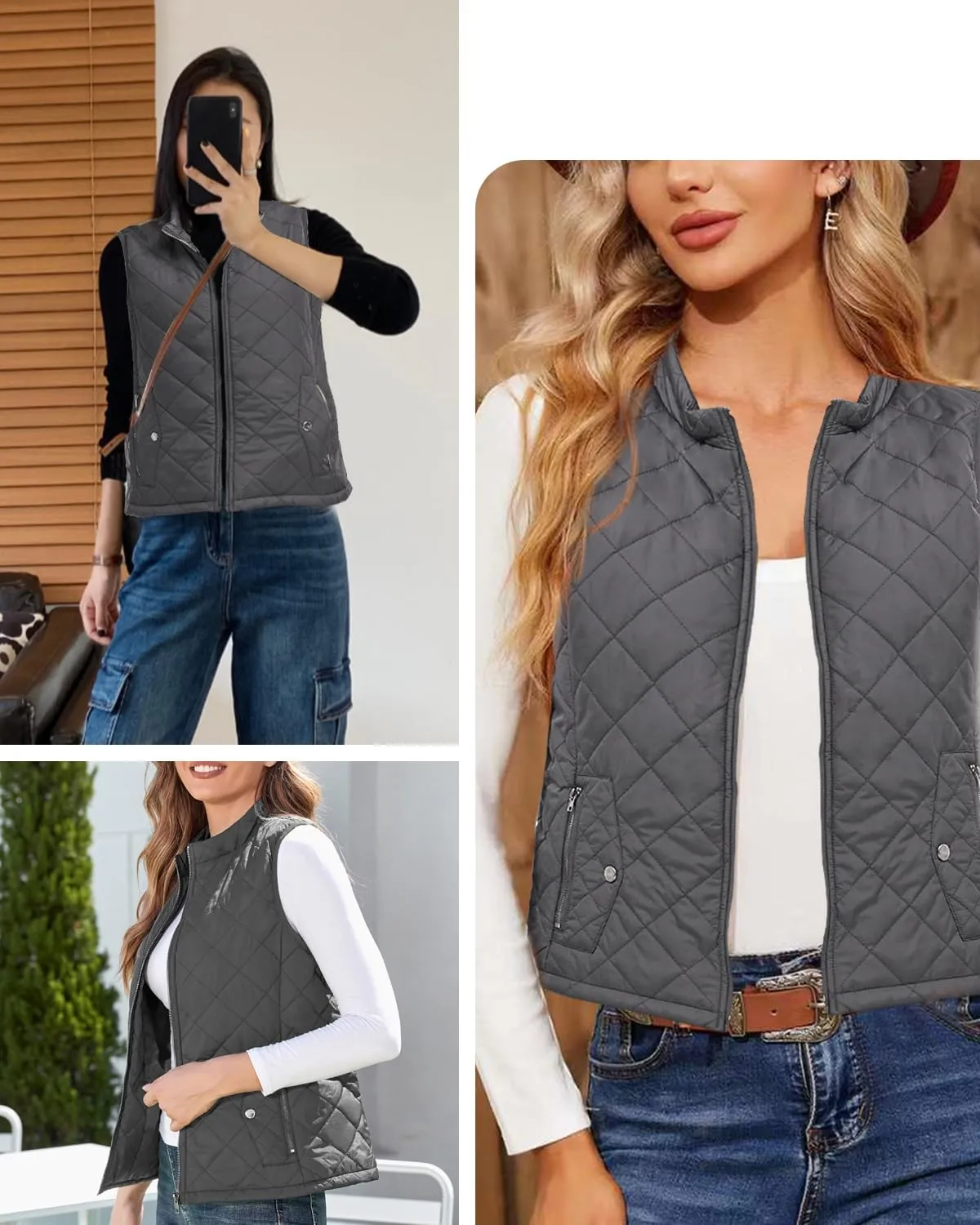 LONGKING 2025 Upgraded, Women's Outwear Vest With One Inner Pocket - Stand Collar Lightweight Zip Quilted Vest for Women