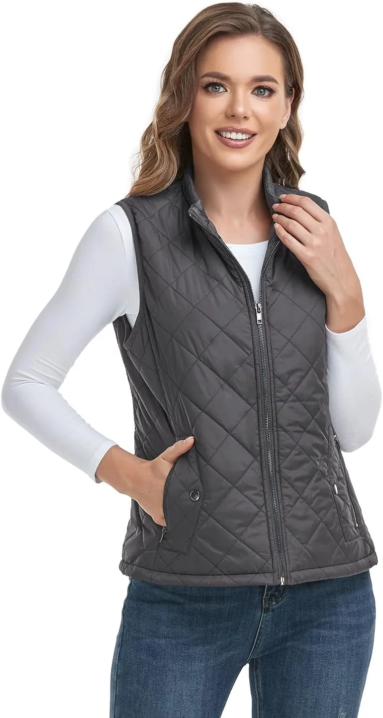 LONGKING 2025 Upgraded, Women's Outwear Vest With One Inner Pocket - Stand Collar Lightweight Zip Quilted Vest for Women