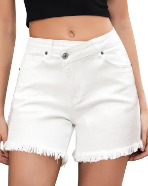 LookbookStore Jean Shorts for Women Low Waisted Stretchy Crossover Waist Denim Shorts Raw Hem