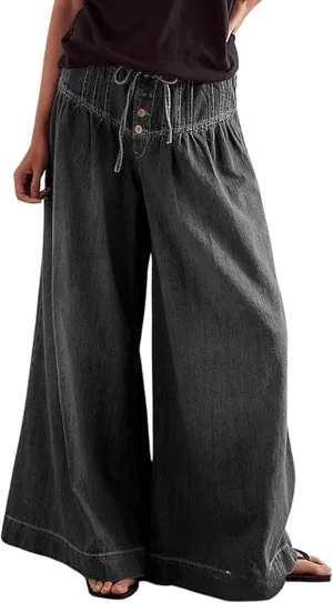 loveimgs Women Y2k Pleated Baggy Jeans Elastic Waist Wide Leg Denim Pants Palazzo Cargo Barrel Jeans Drawstring