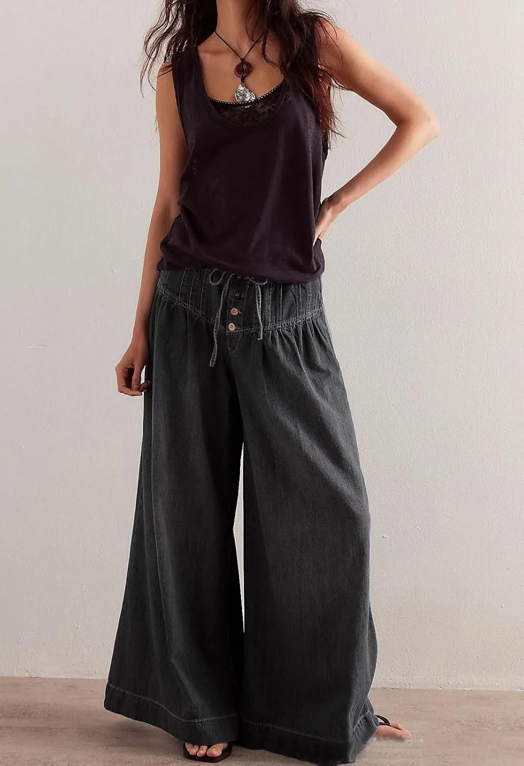 loveimgs Women Y2k Pleated Baggy Jeans Elastic Waist Wide Leg Denim Pants Palazzo Cargo Barrel Jeans Drawstring