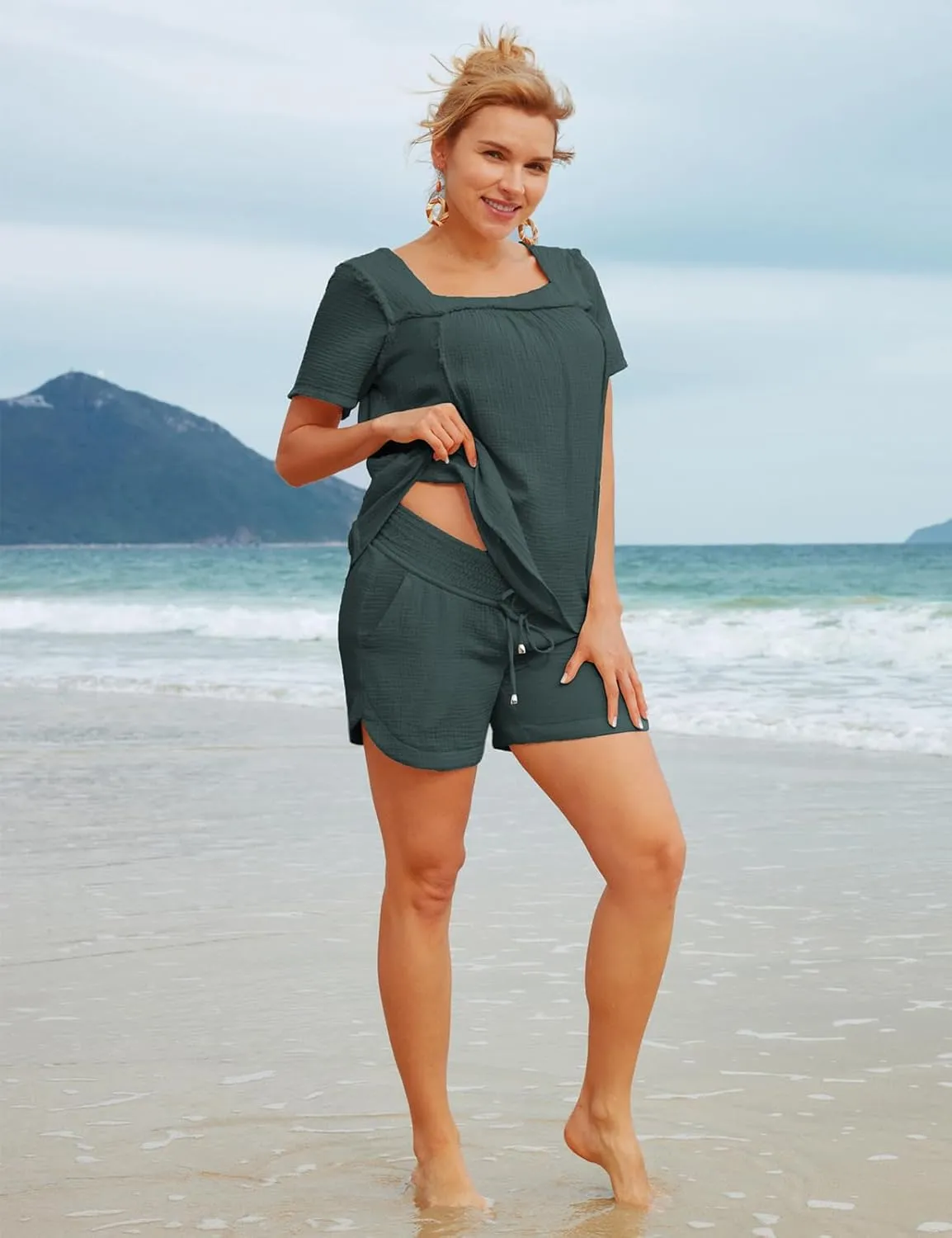 Maacie Maternity Shorts Underbelly Drawstring Elastic Waist Cotton Shorts with Pockets Summer Cute Beach Casual Shorts