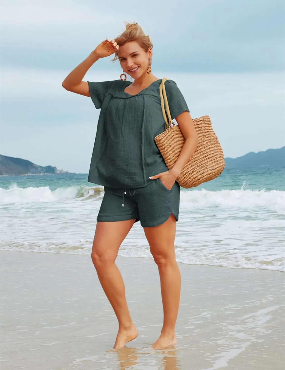 Maacie Maternity Shorts Underbelly Drawstring Elastic Waist Cotton Shorts with Pockets Summer Cute Beach Casual Shorts