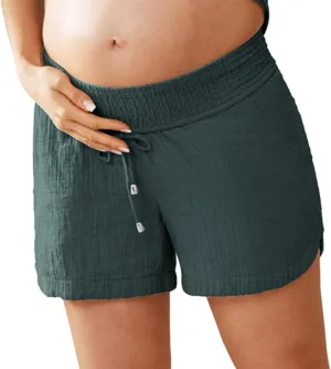 Maacie Maternity Shorts Underbelly Drawstring Elastic Waist Cotton Shorts with Pockets Summer Cute Beach Casual Shorts