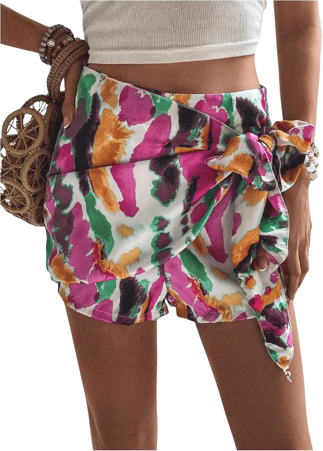 MakeMeChic Women's Knot Side Wrap Shorts Tie Dye Zip Back Skort Casual Summer Shorts
