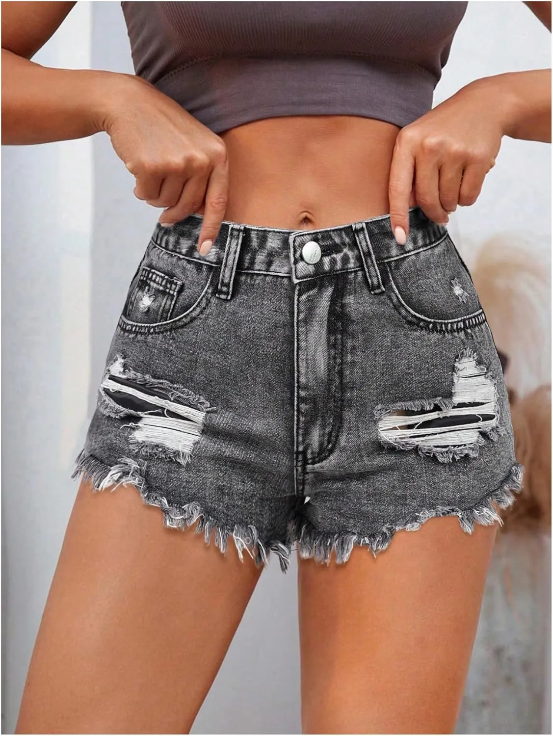 MakeMeChic Women's Ripped Denim Shorts Raw Trim Straight Leg Jean Shorts with Pocket