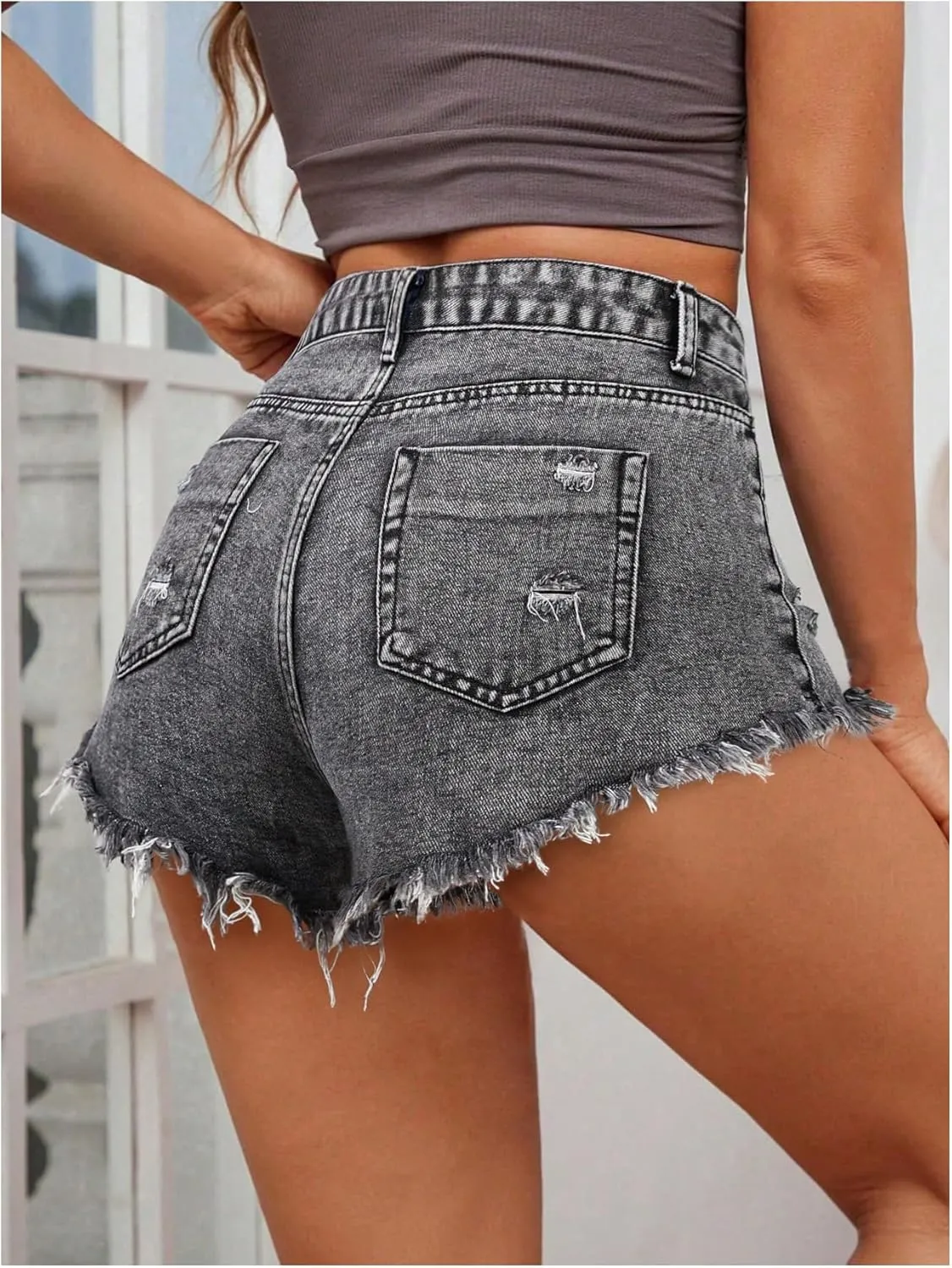 MakeMeChic Women's Ripped Denim Shorts Raw Trim Straight Leg Jean Shorts with Pocket