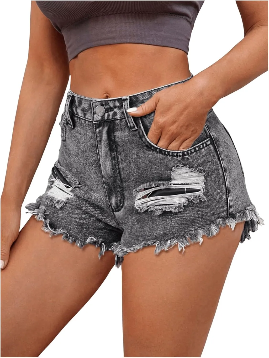 MakeMeChic Women's Ripped Denim Shorts Raw Trim Straight Leg Jean Shorts with Pocket