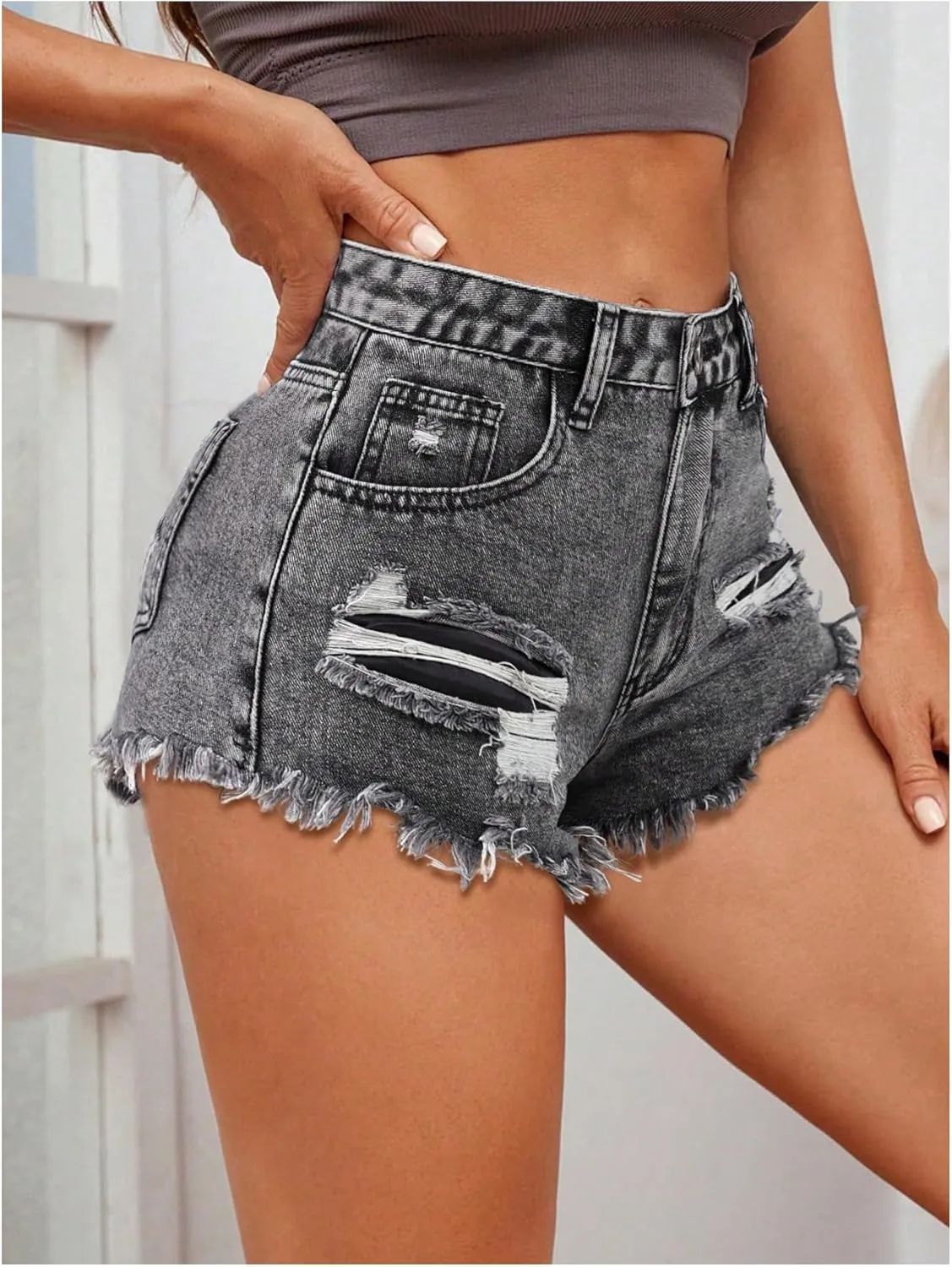 MakeMeChic Women's Ripped Denim Shorts Raw Trim Straight Leg Jean Shorts with Pocket