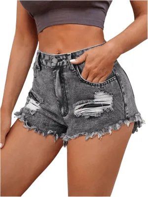 MakeMeChic Women's Ripped Denim Shorts Raw Trim Straight Leg Jean Shorts with Pocket