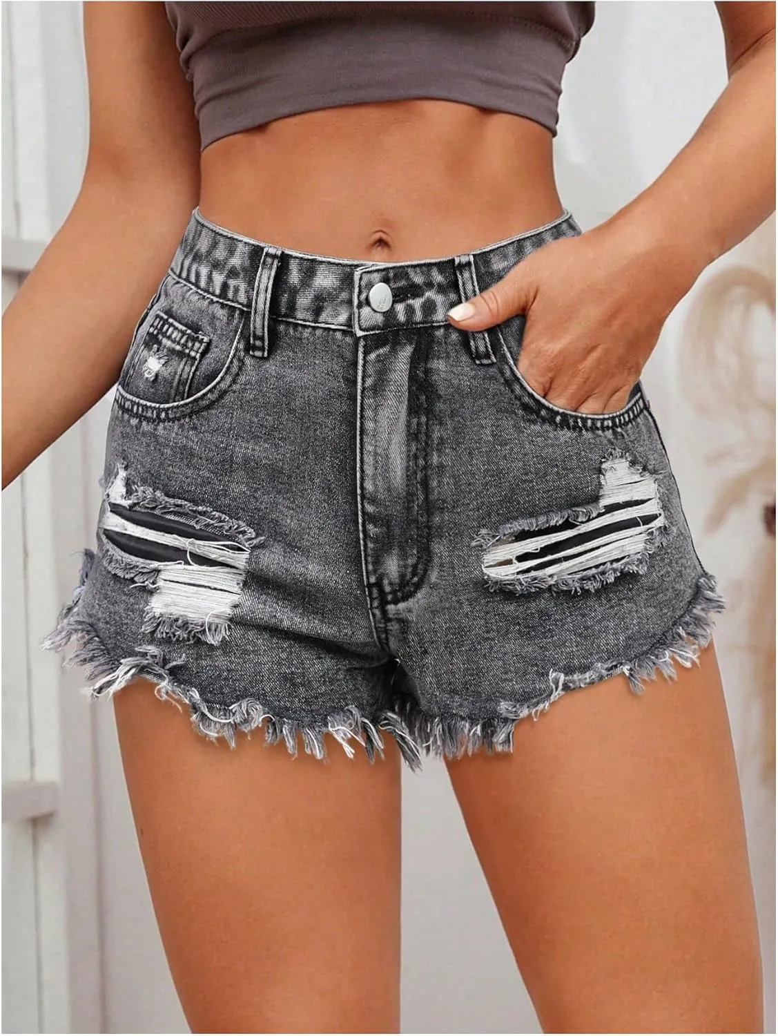 MakeMeChic Women's Ripped Denim Shorts Raw Trim Straight Leg Jean Shorts with Pocket