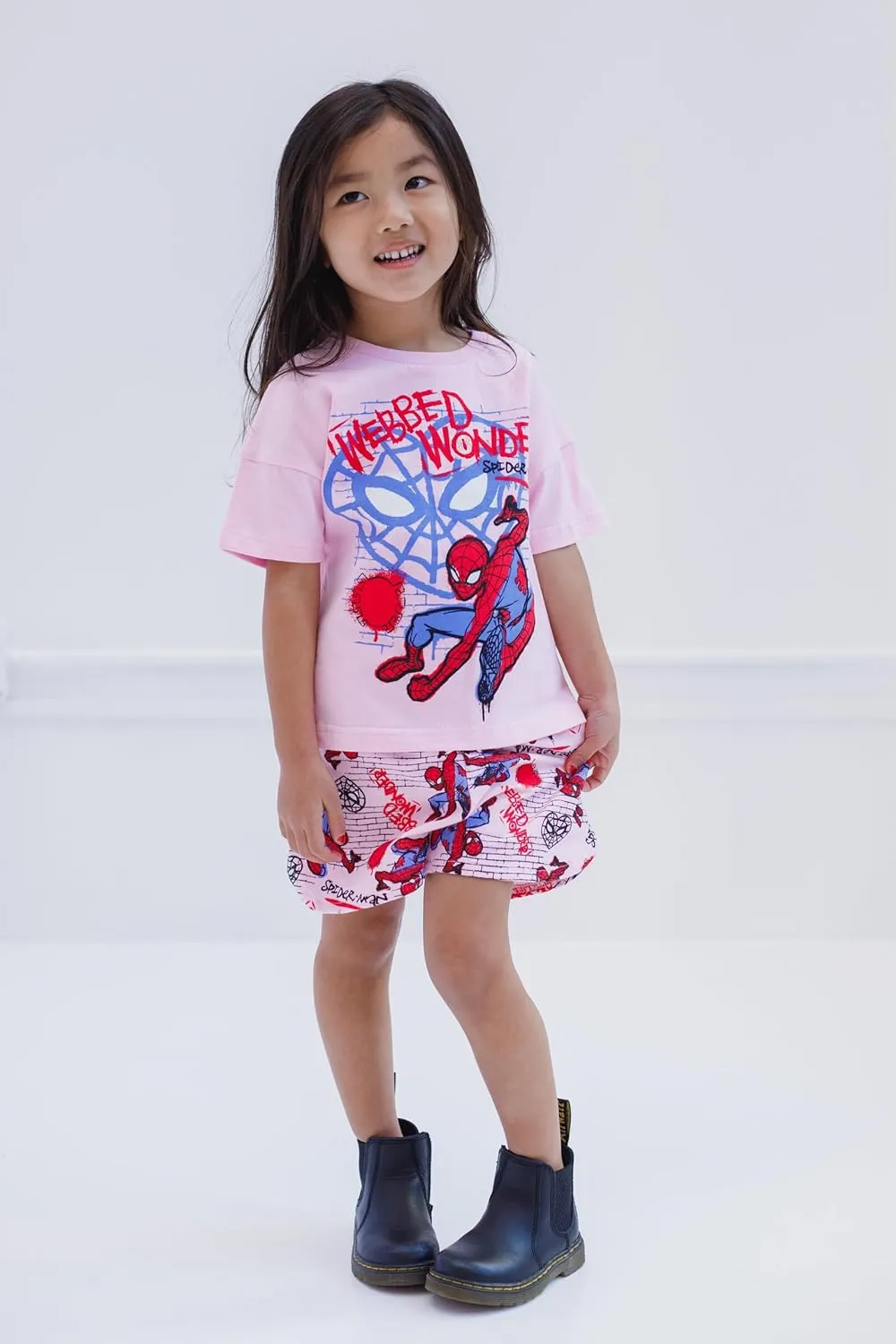 Marvel Spider-Man Girls T-Shirt and French Terry Dolphin Shorts Outfit Set Toddler to Big Kid