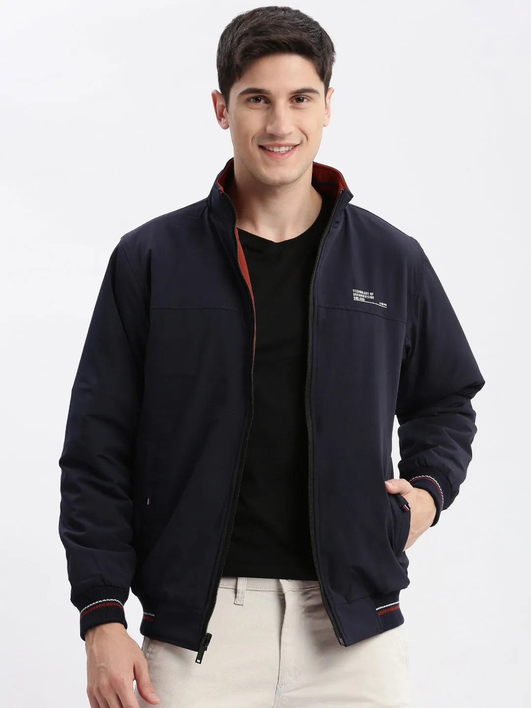 Men Rust Mock Collar Rapid Dry Reversible Bomber Jacket