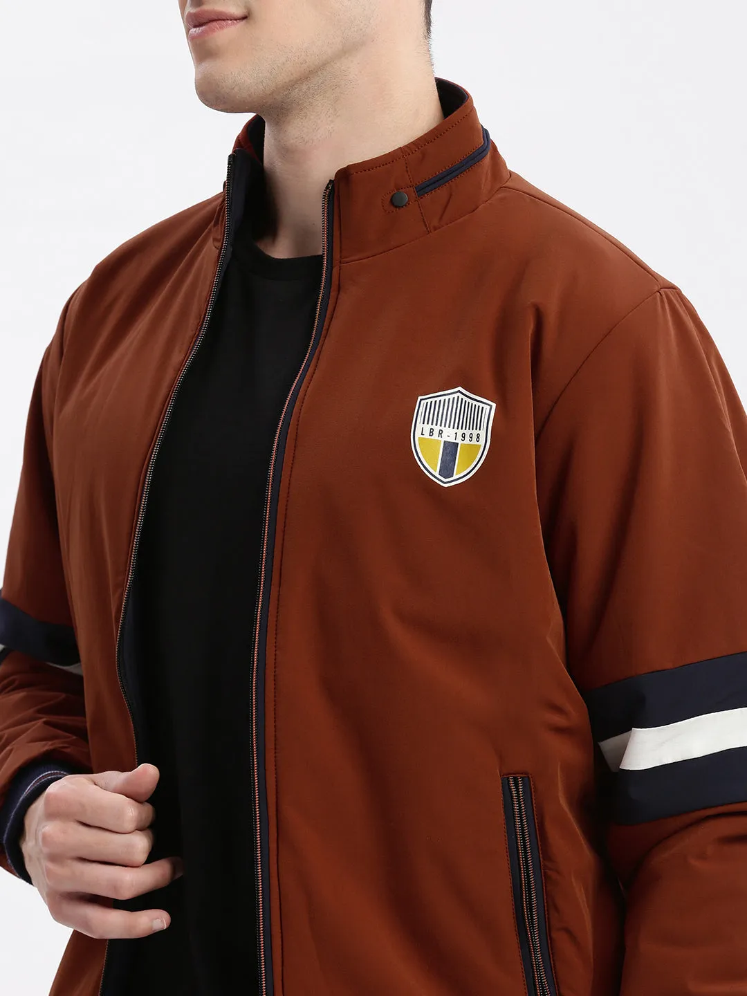 Men Rust Mock Collar Rapid Dry Reversible Bomber Jacket
