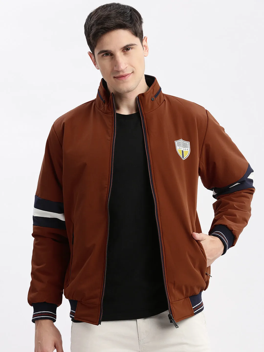 Men Rust Mock Collar Rapid Dry Reversible Bomber Jacket