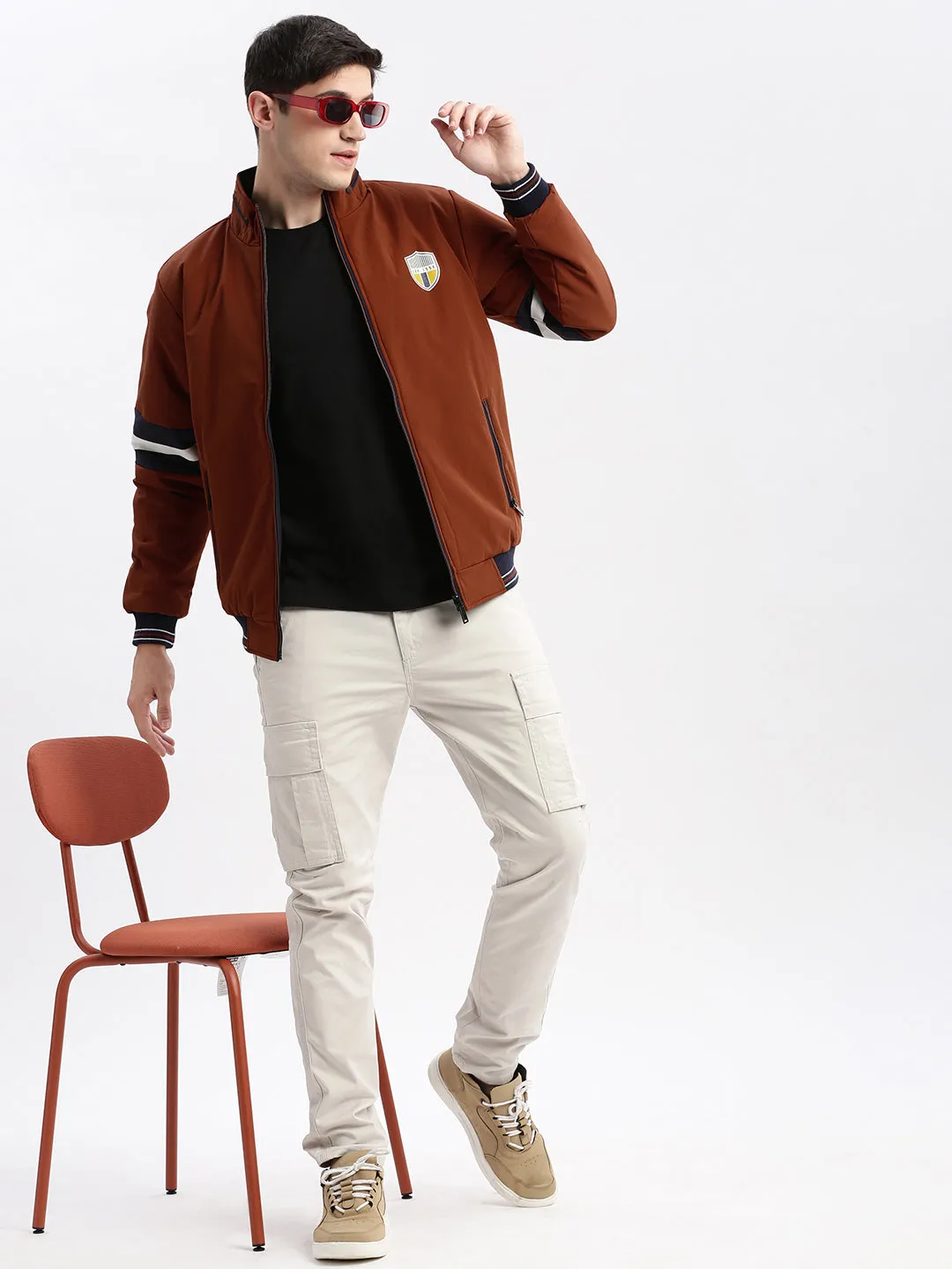 Men Rust Mock Collar Rapid Dry Reversible Bomber Jacket
