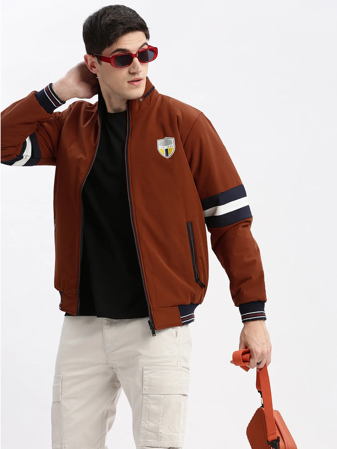 Men Rust Mock Collar Rapid Dry Reversible Bomber Jacket